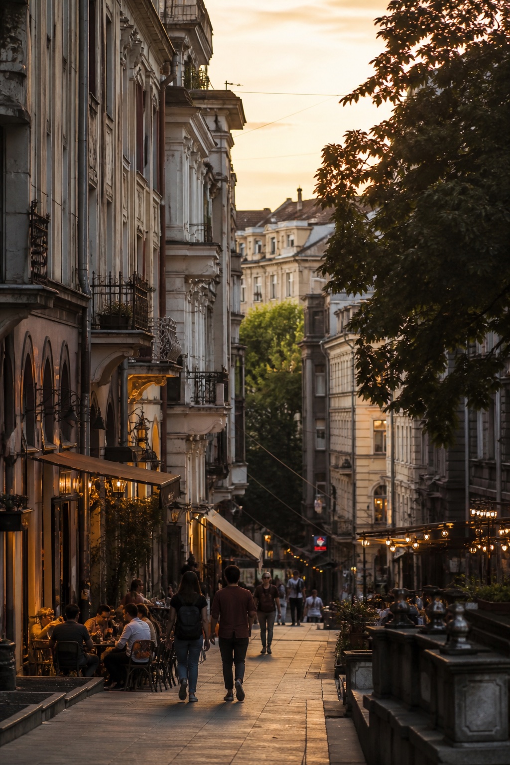 A lively Belgrade street at sunset